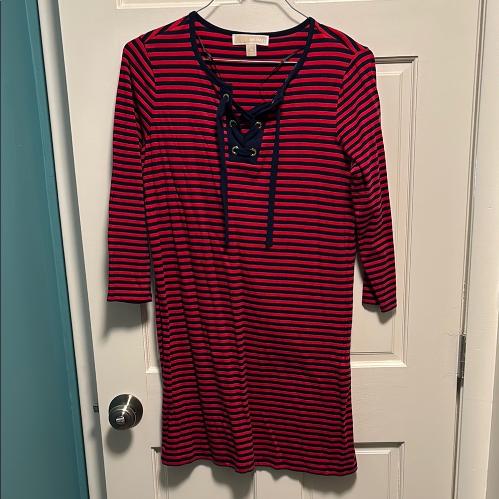 Red and Navy Blue Striped Dress with Lace-Up Detail